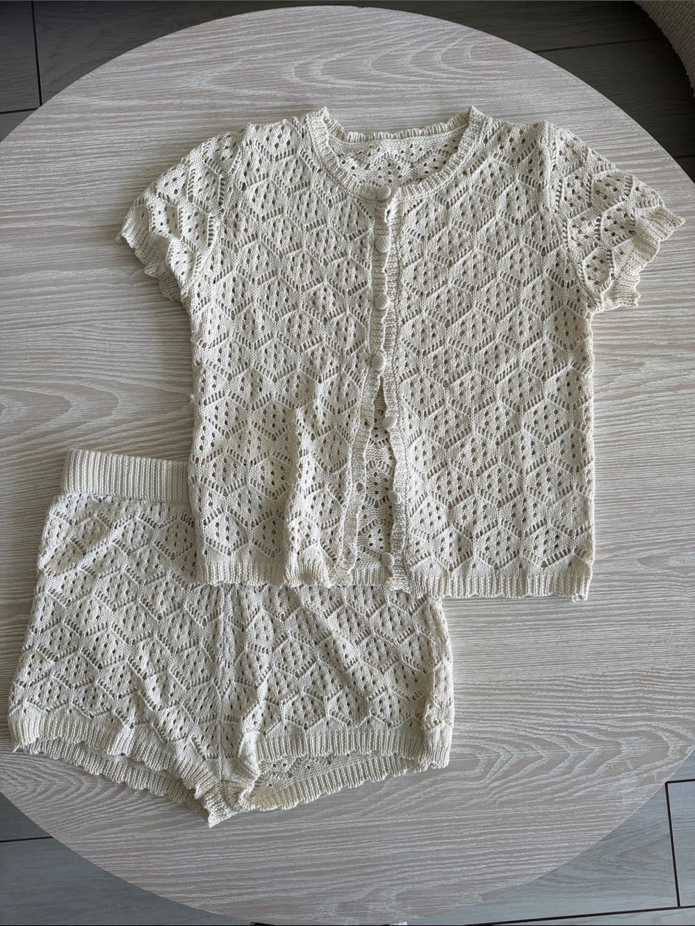 Crochet Knit Short Set in Cream
